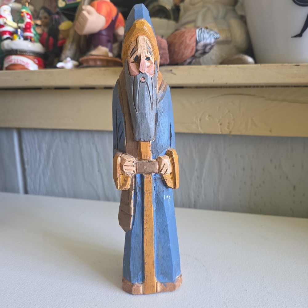 Rustic Primitive Wood Carved Painted Santa Claus St. Nicholas Figurine Blue